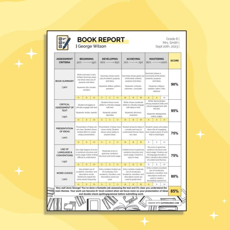 book report rubric 8th grade